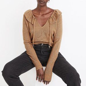 Madewell Tie-Neck Ruffle Pullover Sweater in Beige, sz S